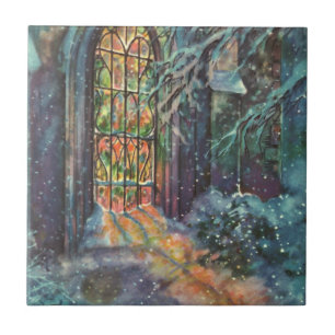 Vintage julkyrka med glasmålningfönster kakelplatta