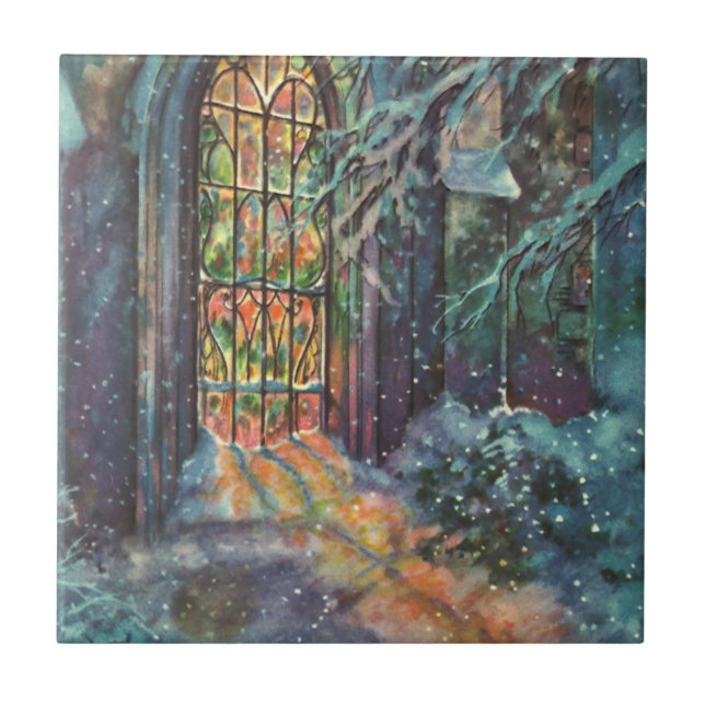 Vintage julkyrka med glasmålningfönster kakelplatta (Framsidan)