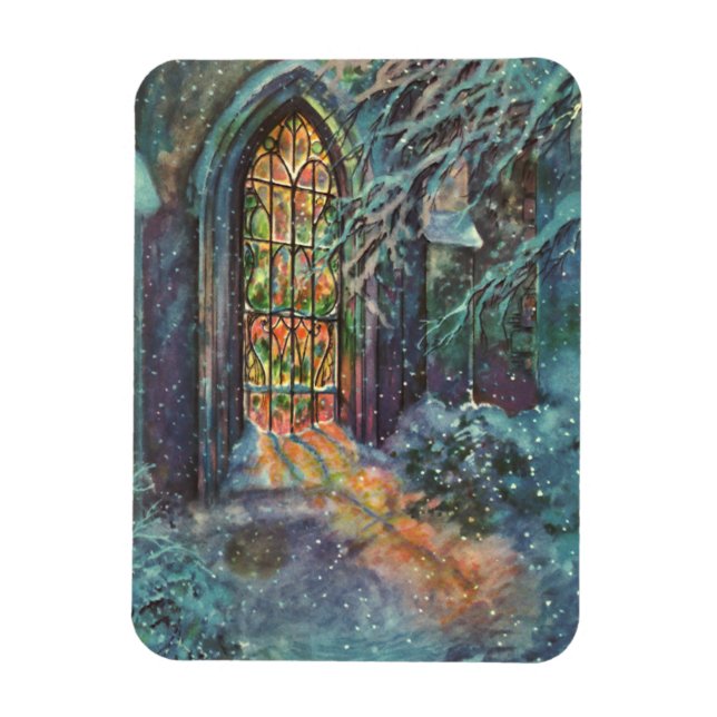 Vintage julkyrka med glasmålningfönster magnet (Vertikal)