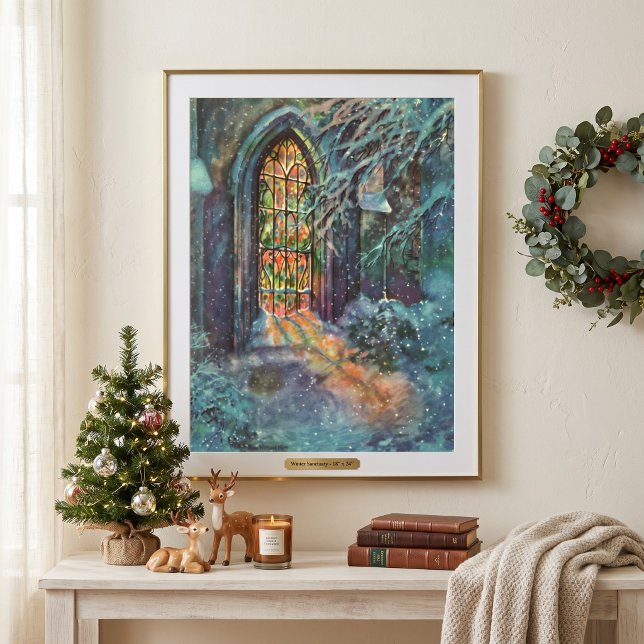 Vintage julkyrka med glasmålningfönster poster (Vintage illustration religious Christmas design featuring a church stained glass window with snow.)