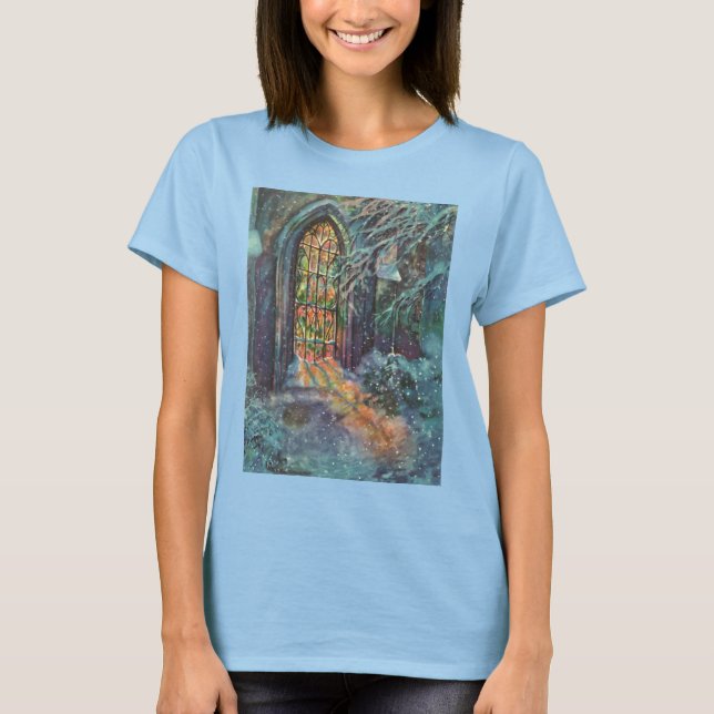 Vintage julkyrka med glasmålningfönster t-shirt (Framsida)