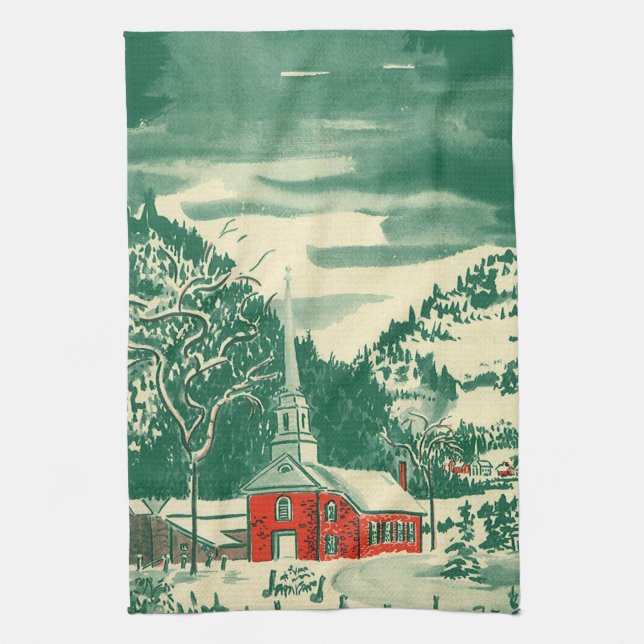 Vintage julkyrka, snölandskap på vintern kökshandduk (Vertikal)
