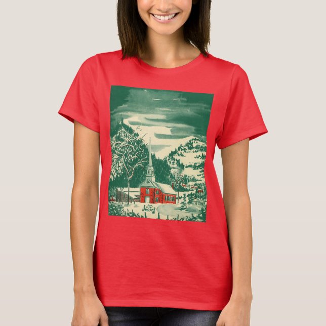 Vintage julkyrka, snölandskap på vintern tee (Framsida)