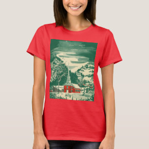 Vintage julkyrka, snölandskap på vintern tee shirt