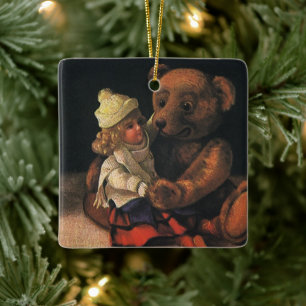 Vintage julleksaker, docka och en teddybjörn julgransprydnad keramik