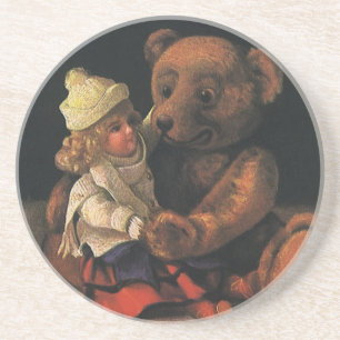Vintage julleksaker, docka och en teddybjörn underlägg sandsten