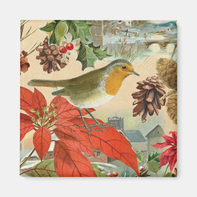 Vintage julmagnet med fågel och blommor magnet (Framsidan)