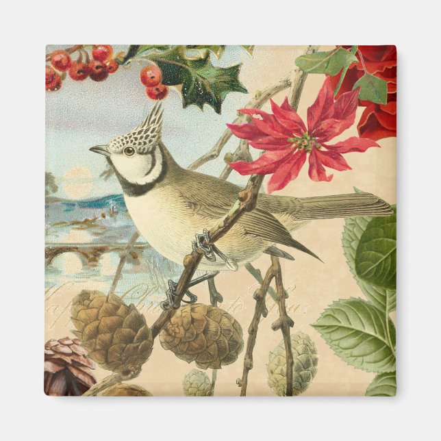 Vintage julmagnet med fågel och röd blomma magnet (Framsidan)