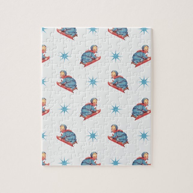 Vintage julmönster, barn åker släde i snö pussel (Vertikal)