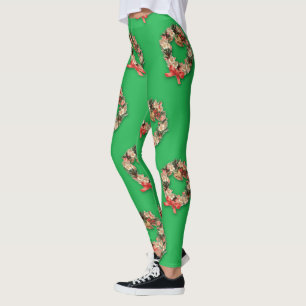 Vintage julmönster, blomsterkransar på grön bakgru leggings