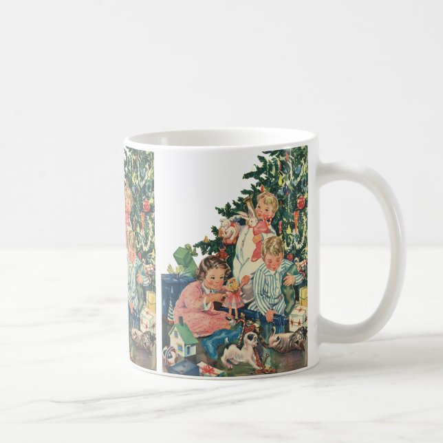 Vintage julmorgon, barn som öppnar presenter kaffemugg (Höger)