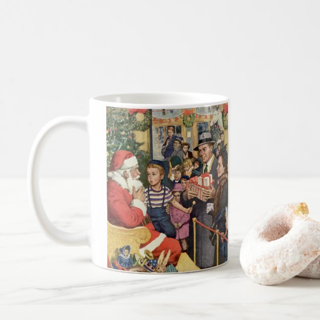 Vintage julönskan, pojke på tomtens knä kaffemugg (Med munk)
