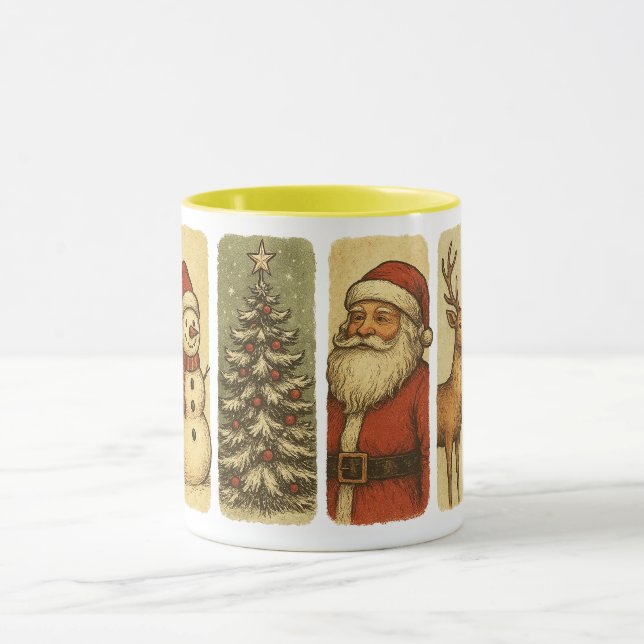 Vintage julpanelskunst – Retro tomte, snöman Mugg (Center)