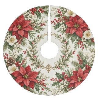 Vintage julpoinsettia & järnek julgransmatta borstad polyester