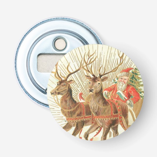 Vintage julpostkort, Tomte med renar Flasköppnare (Framsidan)