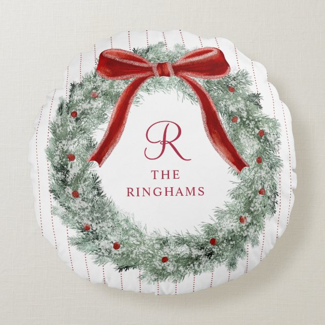 Vintage julröd båge Krans Monogram Rund Kudde (Framsidan)