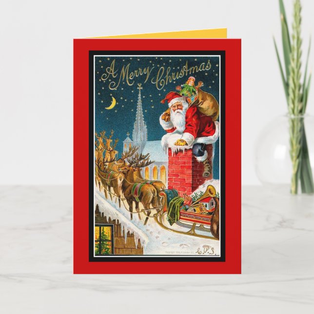 Vintage-julrooftop Santa Sleigh Deers-Cards Helgkort (Framsida)