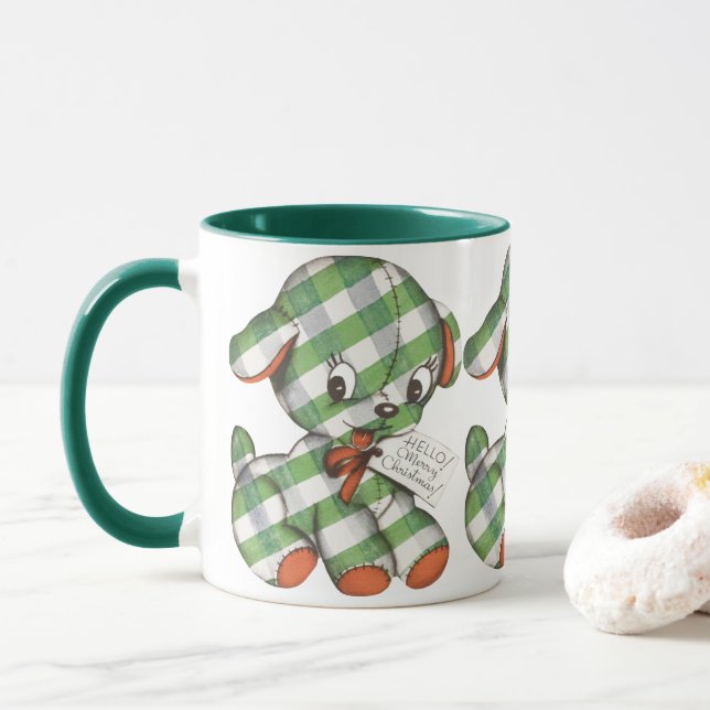 Vintage julrutig valp i gingham stoppad djur mugg (Med munk)