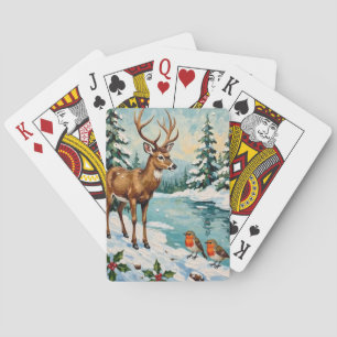 Vintage julscene med hjort och rödbröst casinokort