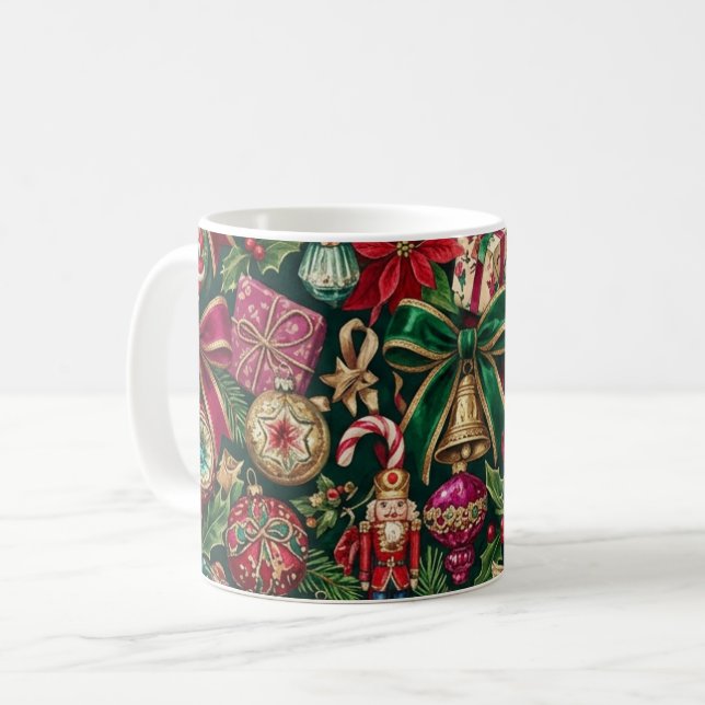Vintage julsk mugg med julgransprydnader (Framsida vänster)