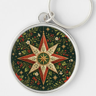 Vintage julstjärna Poinsettia Julrosor Rund Silverfärgad Nyckelring