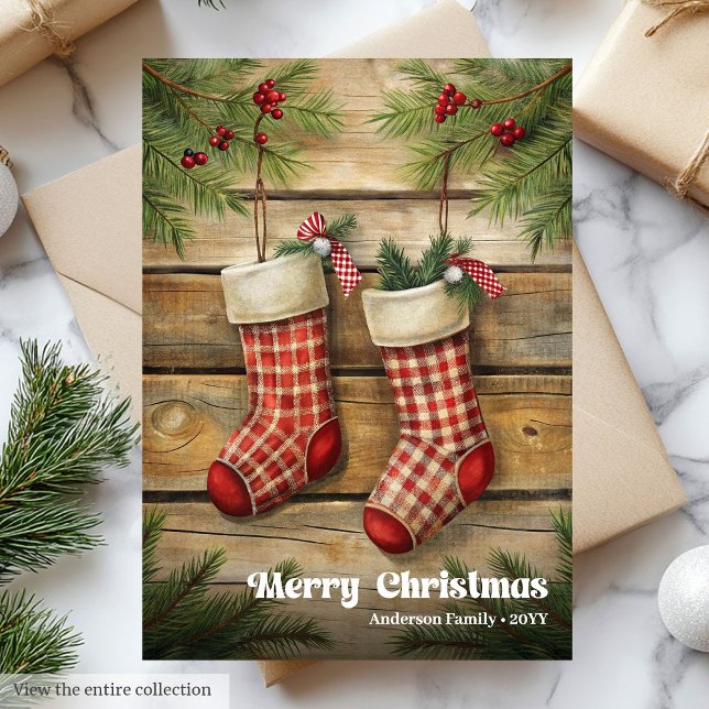 Vintage julstrumpa traditionell tallkranz julkort (Vintage Christmas stocking traditional pine wreath Holiday Card)