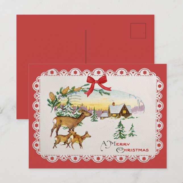 Vintage julstuga & rådjur helg vykort (Fram/baksida)