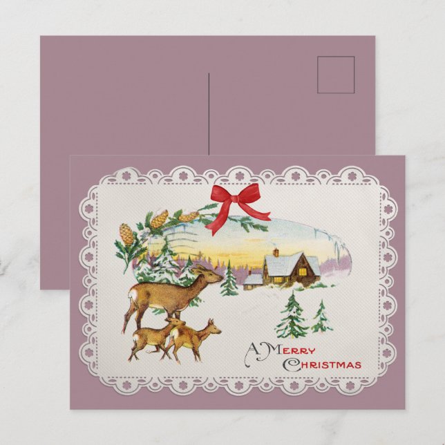 Vintage julstuga & rådjur helg vykort (Fram/baksida)