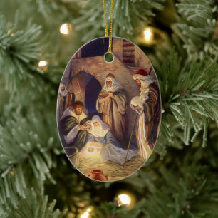 Vintage-jultomhet, 3 Shepherds och Jesus Julgransprydnad Keramik