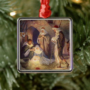 Vintage-jultomhet, 3 Shepherds och Jesus Julgransprydnad Metall