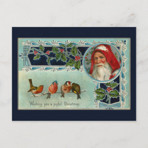 Vintage jultomte och snöfåglar vykort