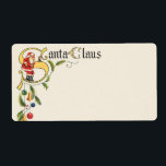 Vintage Jultomten, dekorativ jul Gräns Fraktsedel<br><div class="desc">Vintage illustration Viktorian God jul helgdag textdesign med lycklig,  jolly Jultomten. En blommigt dekorativ gräns av glasdekorationer och fritt löv springa längs två sidor. Tomten står på brev "S" och pratar med en liten mus.</div>