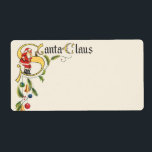 Vintage Jultomten, dekorativ jul Gräns Fraktsedel<br><div class="desc">Vintage illustration Viktorian God jul helgdag textdesign med lycklig,  jolly Jultomten. En blommigt dekorativ gräns av glasdekorationer och fritt löv springa längs två sidor. Tomten står på brev "S" och pratar med en liten mus.</div>