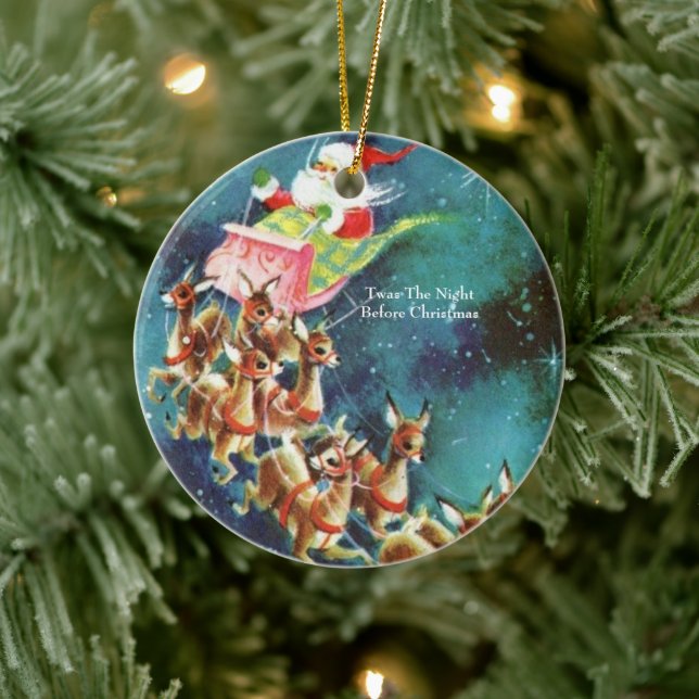 Vintage Jultomten Flytande renar över hus Julgransprydnad Keramik (Träd)