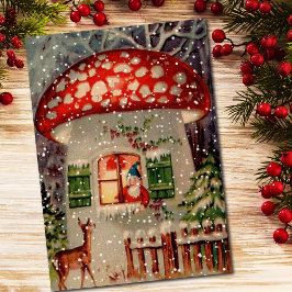 Vintage Jultomten Gnome in Mushroom House Helgkort