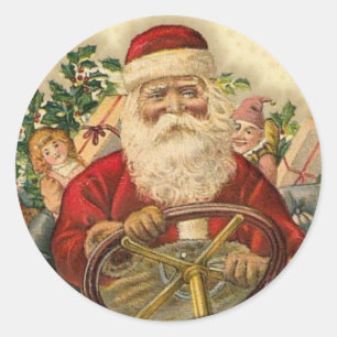 Vintage Jultomten i bil: Stickmärken Runt Klistermärke