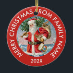 Vintage Jultomten Julgransprydnad Keramik<br><div class="desc">Vintage Jultomten med evergreens och Julklapp och anpassade grönt typografi. God jul från familjen namn och året.</div>