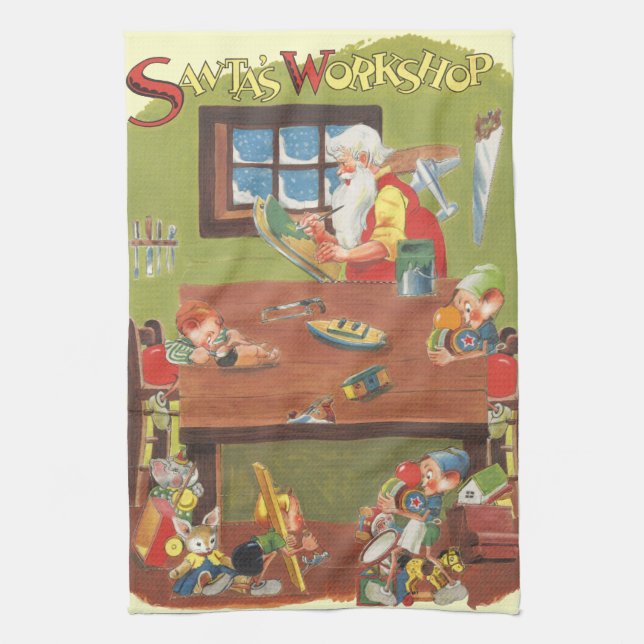 Vintage-jultomten med Elves i verkstaden Kökshandduk (Vertikal)