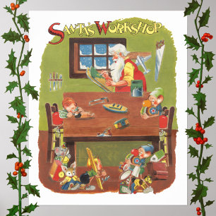 Vintage-jultomten med Elves i verkstaden Poster