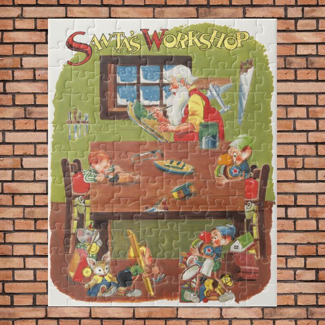 Vintage-jultomten med Elves i verkstaden Pussel (Skapare uppladdad)