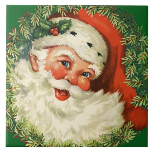 Vintage Jultomten med Gräs utandning Kakelplatta (Framsidan)