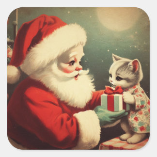 Vintage Jultomten med Kitten Retro Santa Santa Fyrkantigt Klistermärke