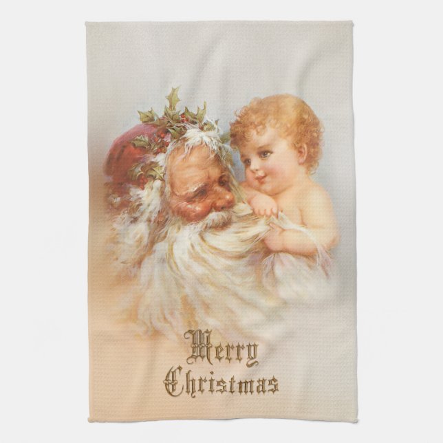 Vintage Jultomten med leende barn Kökshandduk (Vertikal)