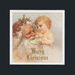 Vintage Jultomten med leende barn Pappersservett<br><div class="desc">Snygg illustration från den gamla världen som visar att Saint Nicholas håller ett leende barn med gyllene garderoller som på ett lekande sätt drar på sig sina flytande vita whiskers. Guld Gammal engelska stil God jul (frivillig uppgift).</div>