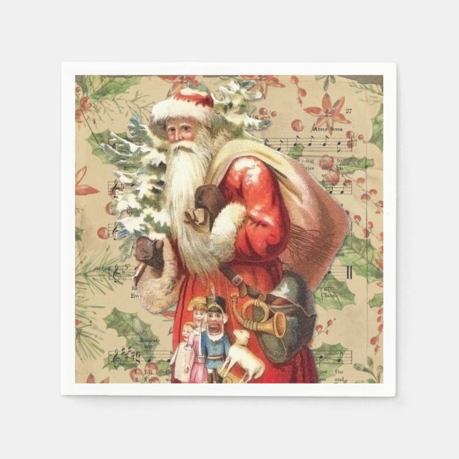 Vintage Jultomten med Leksak och Julgran Pappersservett (Framsidan)