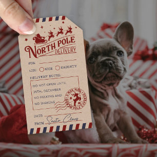 Vintage Jultomten North Pole Speciell Delivery Presentetikett