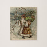 Vintage Jultomten och Julgran Pussel<br><div class="desc">Vintage Jultomten som bär en Crhistmas Träd Sen när tar jultomten med sig träd? Bilden baseras på ett årligt julkort från slutet av 1800-talet. Då, tomten bära inte alltid rött. I den här illustrationen av Jultomten har St. Nick på sig ett varmt brunt kostym, och hans påse av godis är...</div>