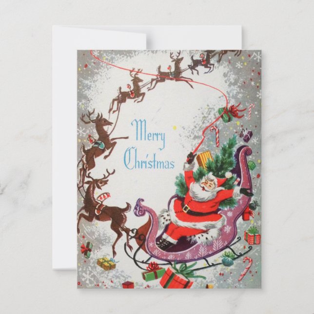 Vintage-jultomten och renarna julkort (Framsida)