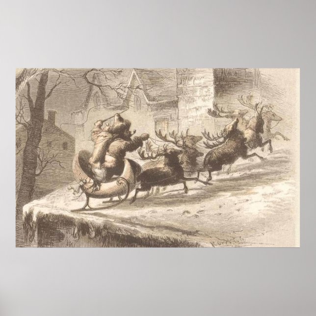 Vintage Jultomten och renillustration Poster (Framsidan)
