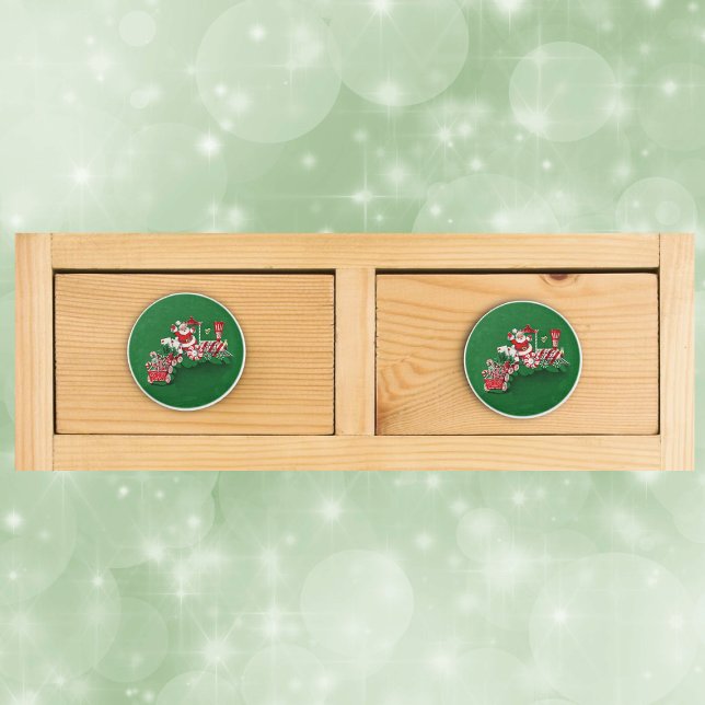 Vintage Jultomten Peppermint Candy Tåg Knopp (Jolly Santa Claus on peppermint candy train on green Christmas drawer knob pull.)